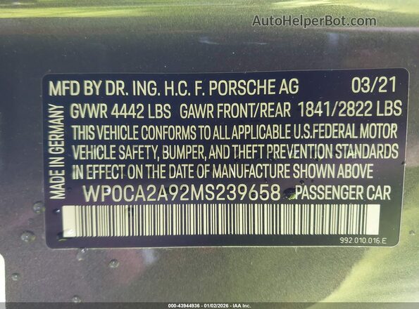 WP0CA2A92MS239658 2021 PORSCHE 911 Серый Вид подкапотного пространства