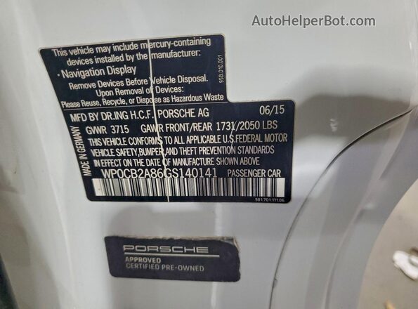 WP0CB2A86GS140141 2016 PORSCHE BOXSTER White Widok naklejki z numerem VIN