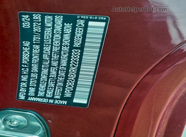 WP0CB2A8XRK223333 2024 PORSCHE BOXSTER Red ძრავის განყოფილების ხედი