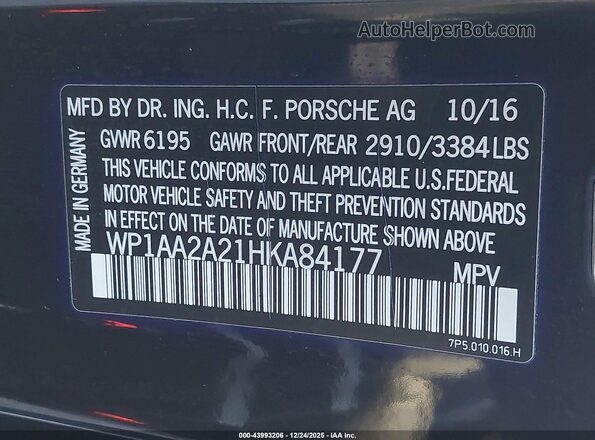 WP1AA2A21HKA84177 2017 PORSCHE CAYENNE Black 
