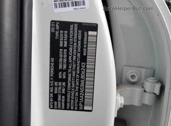 WP1AA2A53MLB06243 2021 PORSCHE MACAN White Widok naklejki z numerem VIN