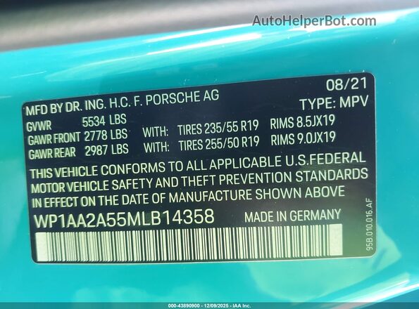 WP1AA2A55MLB14358 2021 PORSCHE MACAN Blue Vista del compartimento del motor
