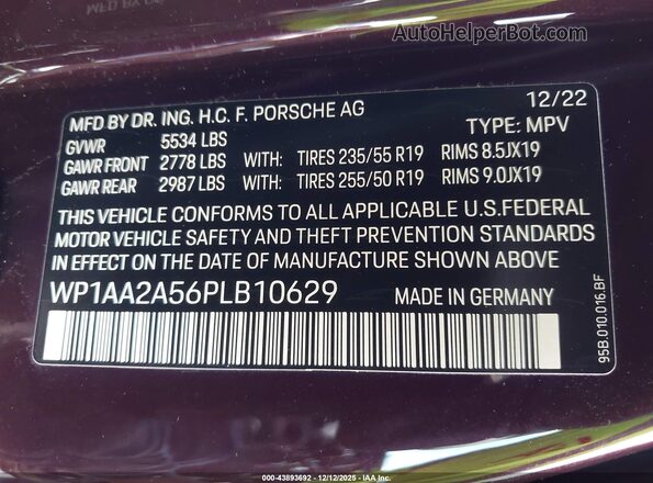 WP1AA2A56PLB10629 2023 PORSCHE MACAN Темно-бордовый Вид подкапотного пространства