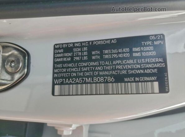WP1AA2A57MLB08786 2021 PORSCHE MACAN White Widok naklejki z numerem VIN