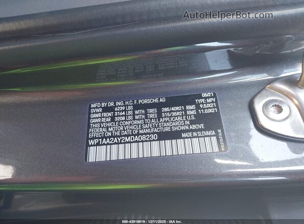 WP1AA2AY2MDA08230 2021 PORSCHE CAYENNE Gray Շարժիչի բաժամունքի տեսք