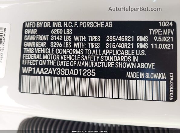 WP1AA2AY3SDA01235 2025 PORSCHE CAYENNE Белый Вид подкапотного пространства