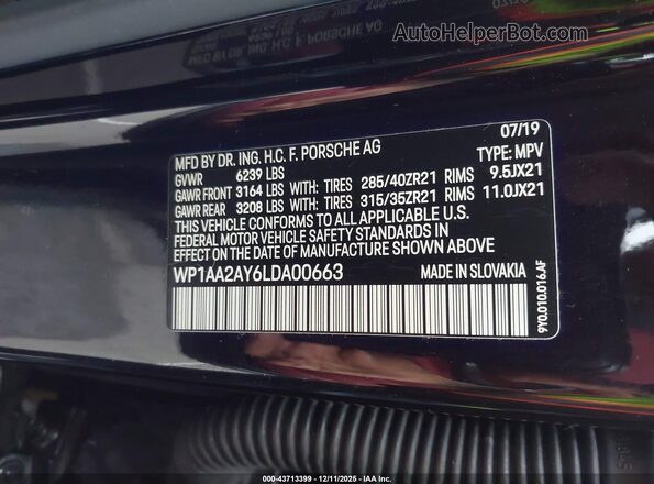 WP1AA2AY6LDA00663 2020 PORSCHE CAYENNE Black ძრავის განყოფილების ხედი
