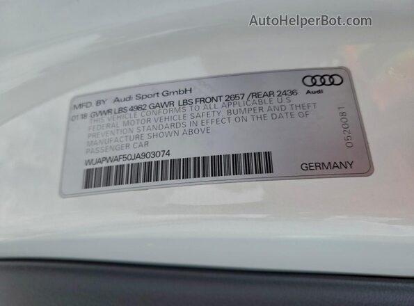 WUAPWAF50JA903074 2018 AUDI RS5 White VIN sticker view