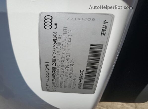WUAPWAF58JA902660 2018 AUDI RS5 White Vista de la etiqueta del VIN