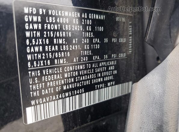 WVGAV7AX4GW519405 2016 VOLKSWAGEN TIGUAN Черный Вид наклейки с VIN-кодом