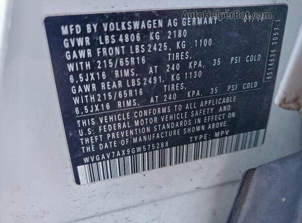 WVGAV7AX9GW575288 2016 VOLKSWAGEN TIGUAN Белый Вид наклейки с VIN-кодом