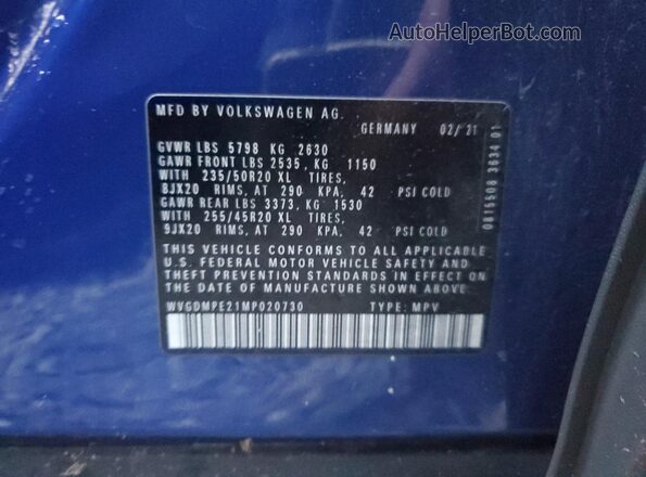 WVGDMPE21MP020730 2021 VOLKSWAGEN ID.4 Blue VIN კოდის სტიკერის ხედი