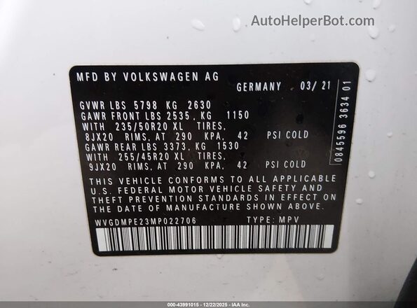 WVGDMPE23MP022706 2021 VOLKSWAGEN ID.4 White Շարժիչի բաժամունքի տեսք