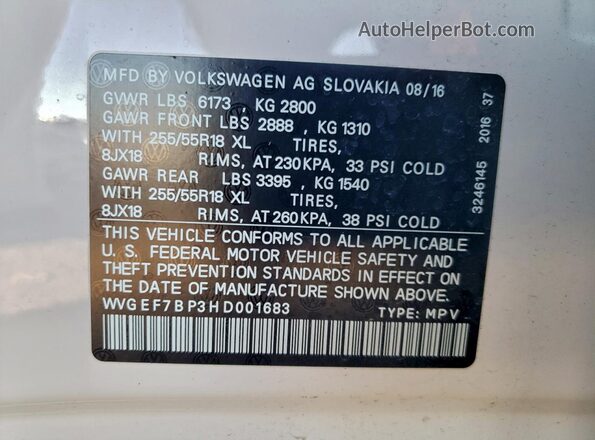 WVGEF7BP3HD001683 2017 VOLKSWAGEN TOUAREG White Vista de la etiqueta del VIN
