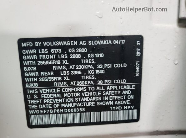 WVGEF7BP6HD006358 2017 VOLKSWAGEN TOUAREG White Widok komory silnika