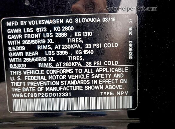 WVGEF9BP2GD012331 2016 VOLKSWAGEN TOUAREG Black VIN կոդի պիտակի տեսք