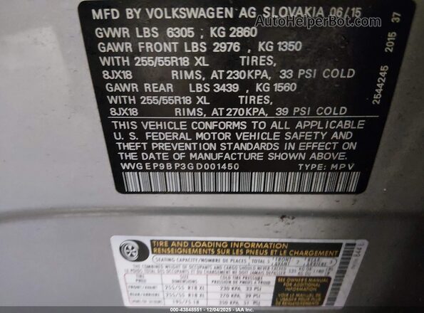 WVGEP9BP3GD001450 2016 VOLKSWAGEN TOUAREG Gray ძრავის განყოფილების ხედი