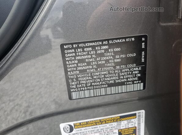 WVGEP9BPXGD002689 2016 VOLKSWAGEN TOUAREG Gray VIN կոդի պիտակի տեսք