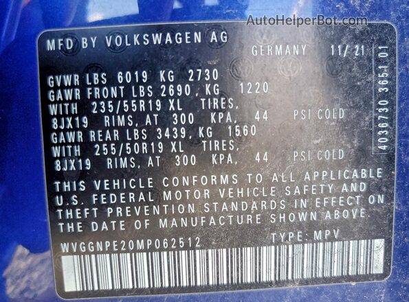 WVGGNPE20MP062512 2021 VOLKSWAGEN ID.4 Blue VIN sticker view