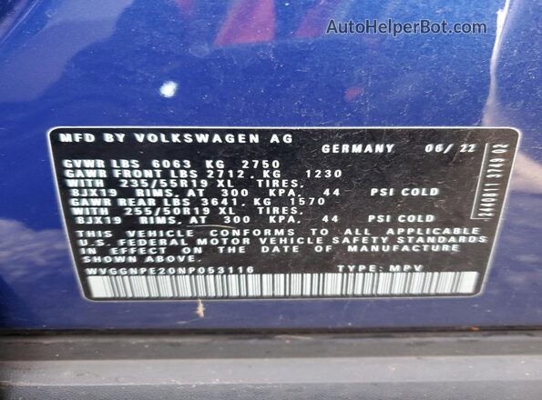 WVGGNPE20NP053116 2022 VOLKSWAGEN ID.4 Синий Вид наклейки с VIN-кодом