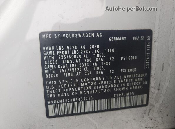 WVGKMPE20NP050763 2022 VOLKSWAGEN ID.4 White Vista de la etiqueta del VIN
