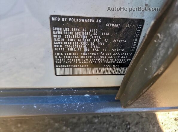 WVGRMPE23NP064929 2022 VOLKSWAGEN ID.4 White Вид наклейки з VIN-кодом