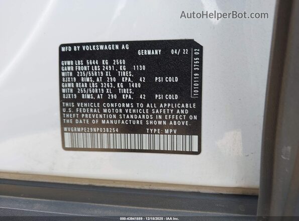 WVGRMPE29NP038254 2022 VOLKSWAGEN ID.4 White 
