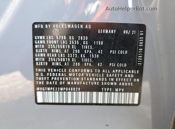 WVGTMPE22MP048029 2021 VOLKSWAGEN ID.4 Gray Widok naklejki z numerem VIN