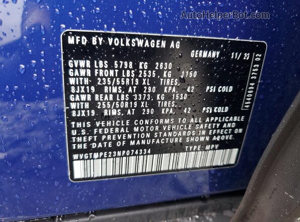 WVGTMPE23NP074334 2022 VOLKSWAGEN ID.4 Blue Вид наклейки з VIN-кодом