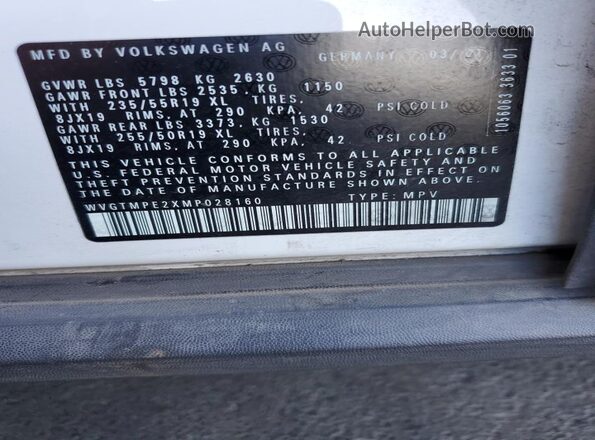 WVGTMPE2XMP028160 2021 VOLKSWAGEN ID.4 White VIN კოდის სტიკერის ხედი
