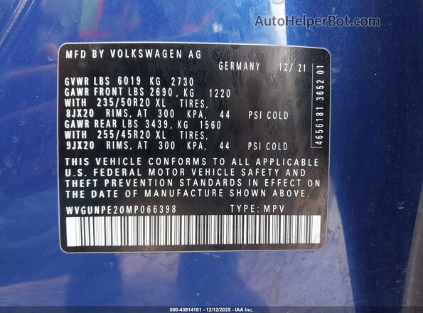 WVGUNPE20MP066398 2021 VOLKSWAGEN ID.4 Blue Vista del compartimento del motor