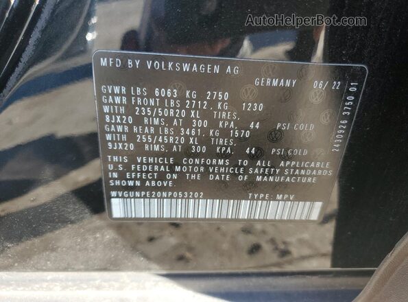 WVGUNPE20NP053202 2022 VOLKSWAGEN ID.4 Black VIN կոդի պիտակի տեսք
