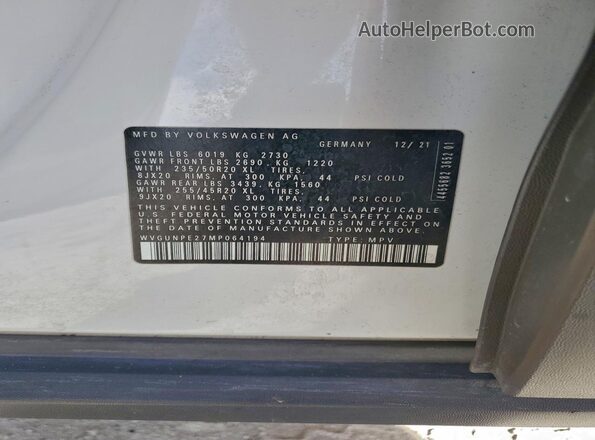 WVGUNPE27MP064194 2021 VOLKSWAGEN ID.4 White Vista de la etiqueta del VIN