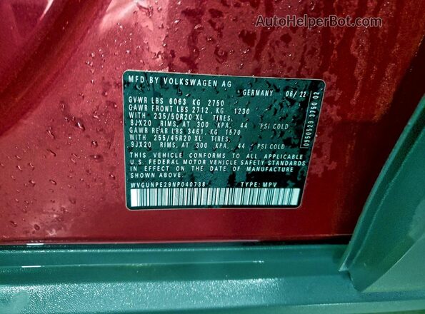 WVGUNPE29NP040738 2022 VOLKSWAGEN ID.4 Red VIN կոդի պիտակի տեսք