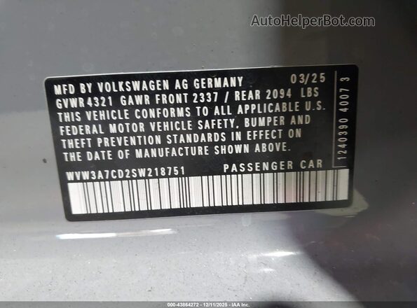 WVW3A7CD2SW218751 2025 VOLKSWAGEN GOLF Gray ძრავის განყოფილების ხედი