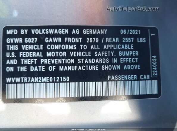 WVWTR7AN2ME012150 2021 VOLKSWAGEN ARTEON Silver 
