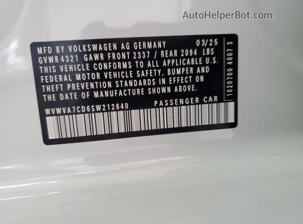 WVWVA7CD6SW212640 2025 VOLKSWAGEN GTI Белый 