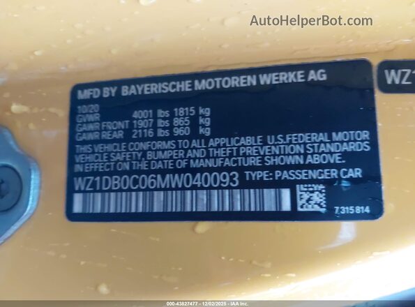 WZ1DB0C06MW040093 2021 TOYOTA GR SUPRA Yellow ძრავის განყოფილების ხედი