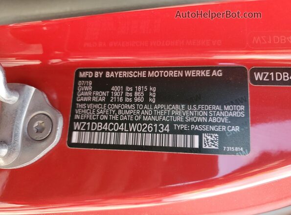 WZ1DB4C04LW026134 2020 TOYOTA SUPRA Красный Вид наклейки с VIN-кодом