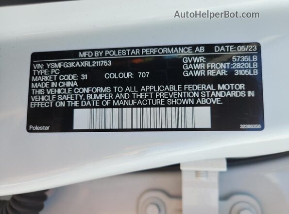 YSMFG3KAXRL211753 2024 POLESTAR 2 White Vista de la etiqueta del VIN