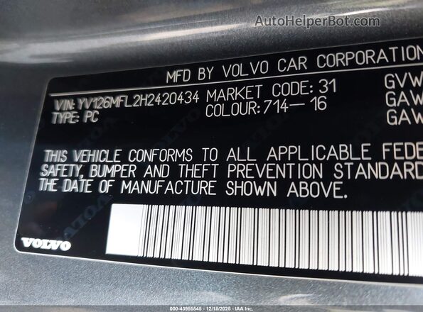 YV126MFL2H2420434 2017 VOLVO S60 Gray 