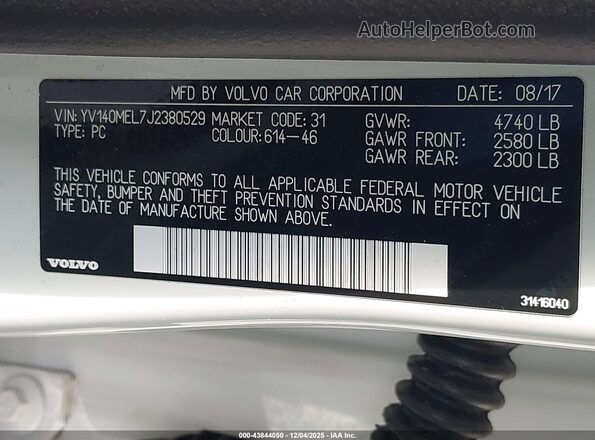 YV140MEL7J2380529 2018 VOLVO V60 White Շարժիչի բաժամունքի տեսք