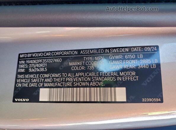 YV4062PF3S1327460 2025 VOLVO XC90 Silver Vista de la etiqueta del VIN