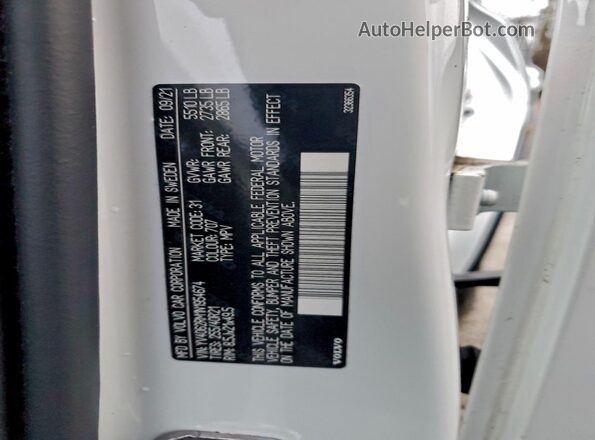 YV4062RM1N1954674 2022 VOLVO XC60 White VIN sticker view