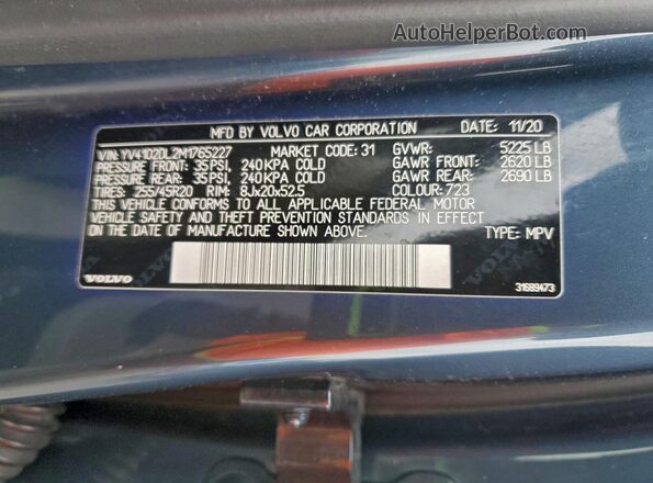 YV4102DL2M1765227 2021 VOLVO XC60 Blue Widok naklejki z numerem VIN