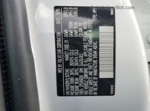 YV4102PK1L1575145 2020 VOLVO XC90 White VIN კოდის სტიკერის ხედი