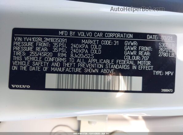 YV4102RL2M1835091 2021 VOLVO XC60 Белый Вид подкапотного пространства