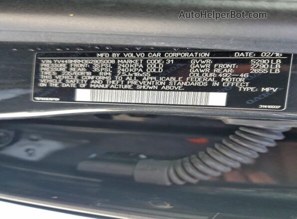 YV449MRM3G2905008 2016 VOLVO XC60 Угольный Вид наклейки с VIN-кодом