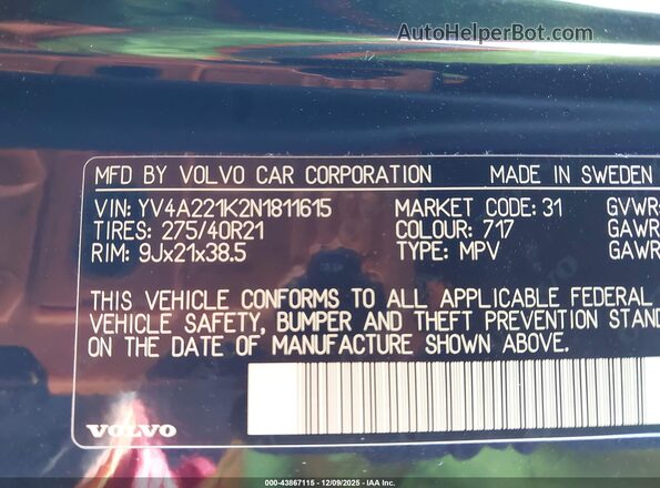 YV4A221K2N1811615 2022 VOLVO XC90 Black Widok komory silnika