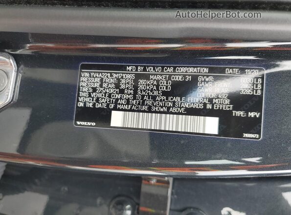 YV4A221L3M1710865 2021 VOLVO XC90 Gray VIN კოდის სტიკერის ხედი